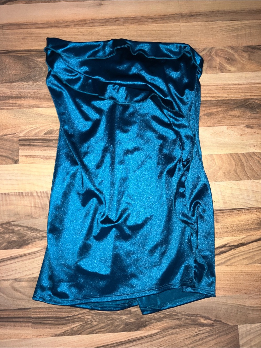 Lucy In The Sky Los Angeles teal satin strapless ruffle trim dress mini Sz L